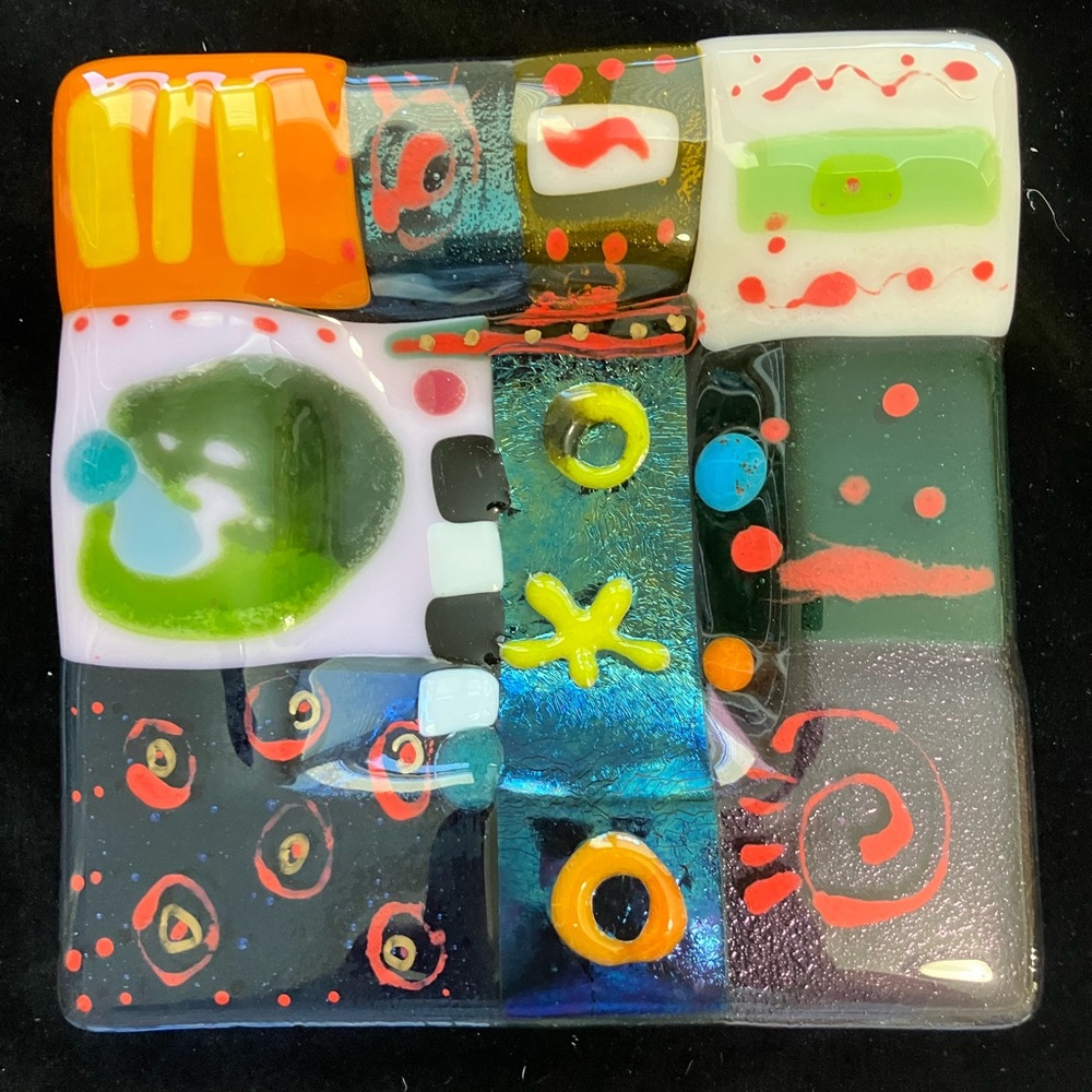Miami Color”Fused Art Glass  Handmade 6” Square Plate Abstract Art